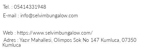 Olympos Selvim Bungalows telefon numaralar, faks, e-mail, posta adresi ve iletiim bilgileri